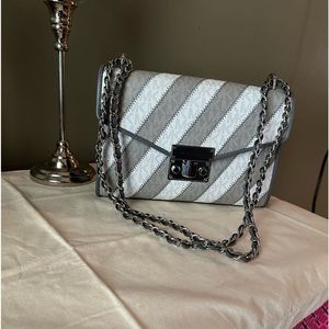 Michael Kors Rose Pearl Grey Striped Shoulder Bag